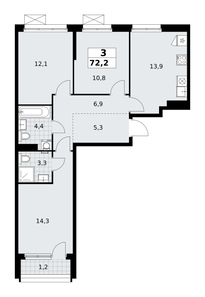 Планировка 3-комнатная квартира в ЖК "Прокшино"