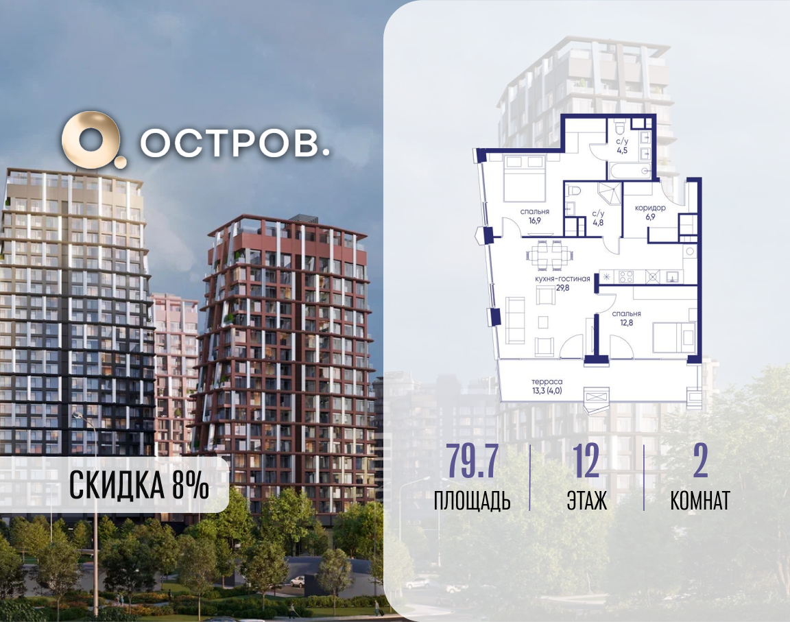 Планировка 2-комнатная квартира в ЖК "Остров"