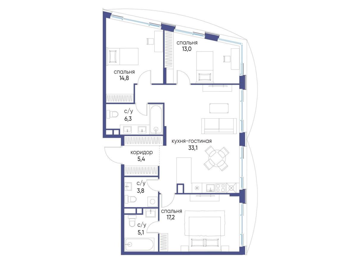 Планировка 3-комнатная квартира в ЖК "Остров"