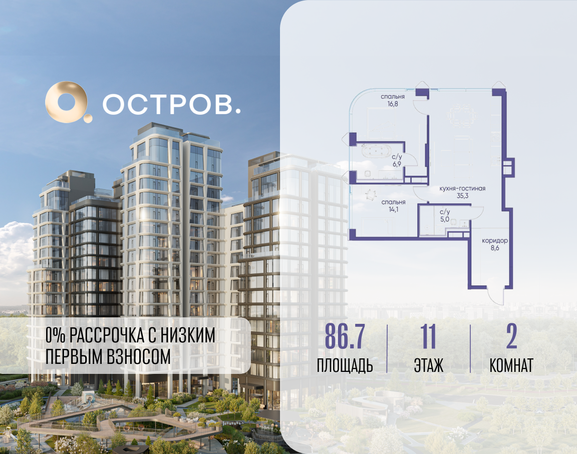 Планировка 2-комнатная квартира в ЖК "Остров"